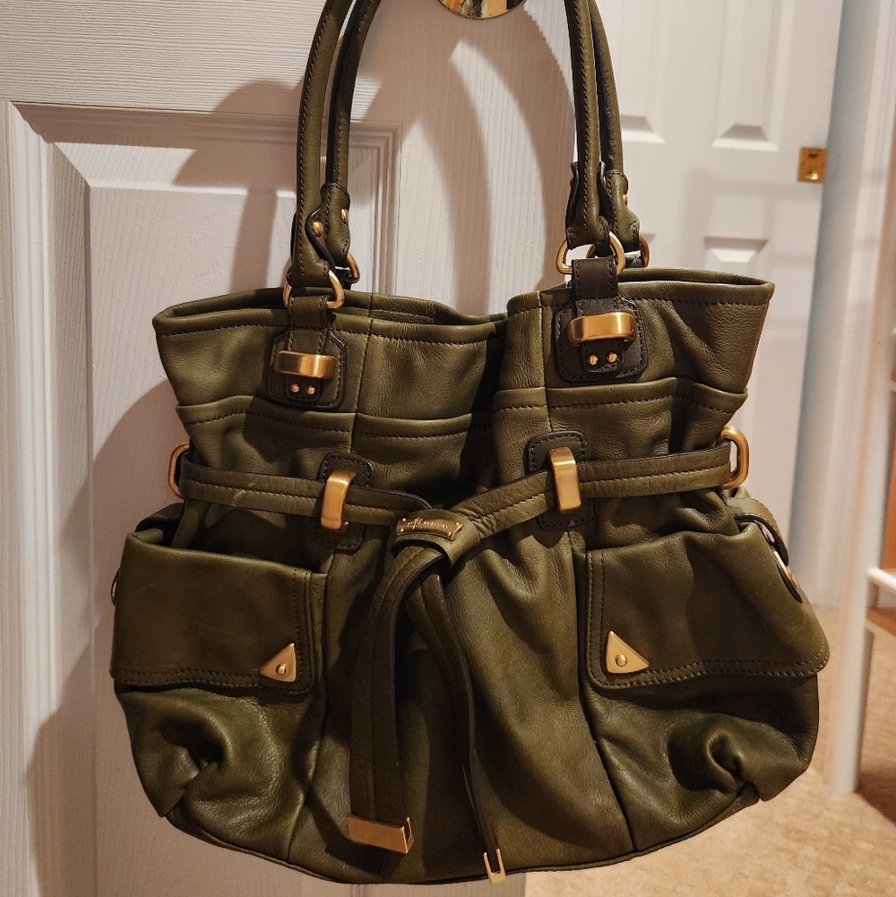B. Makowsky Khaki Leather Shoulder Bag